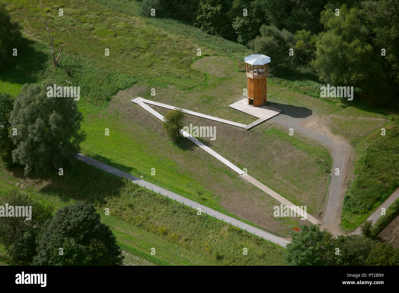 Vue aérienne, l'Emscher, Art, Kawamat Tower, Castrop-Rauxel Castrop-Rauxel, jonction de la voie navigable, Emscherkunst.2010, œuvres à l'Emscher, Ruhr, Rhénanie du Nord-Westphalie, Allemagne, Europe, Banque D'Images