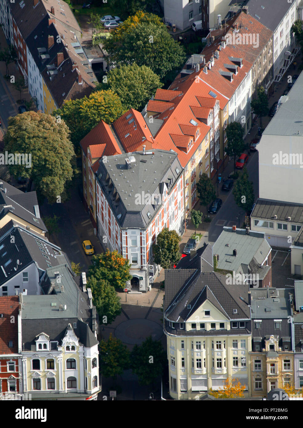 Vue aérienne, le logement locatif, bloc d'appartements, maison triangulaire et résidentielle, maison d'angle, Im, Duelskamp Vinckestraße ? ?, Herne, Ruhr, Nordrhein-Westfalen, Germany, Europe Banque D'Images