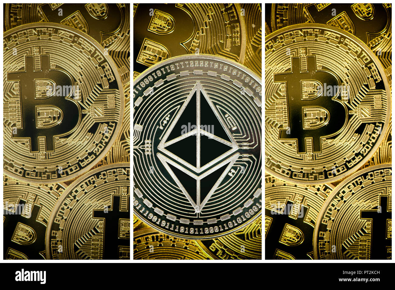 Image symbolique de la turbulence de marché boursier de la monnaie numérique, de l'argent chez les golden coins physique bitcoin Banque D'Images