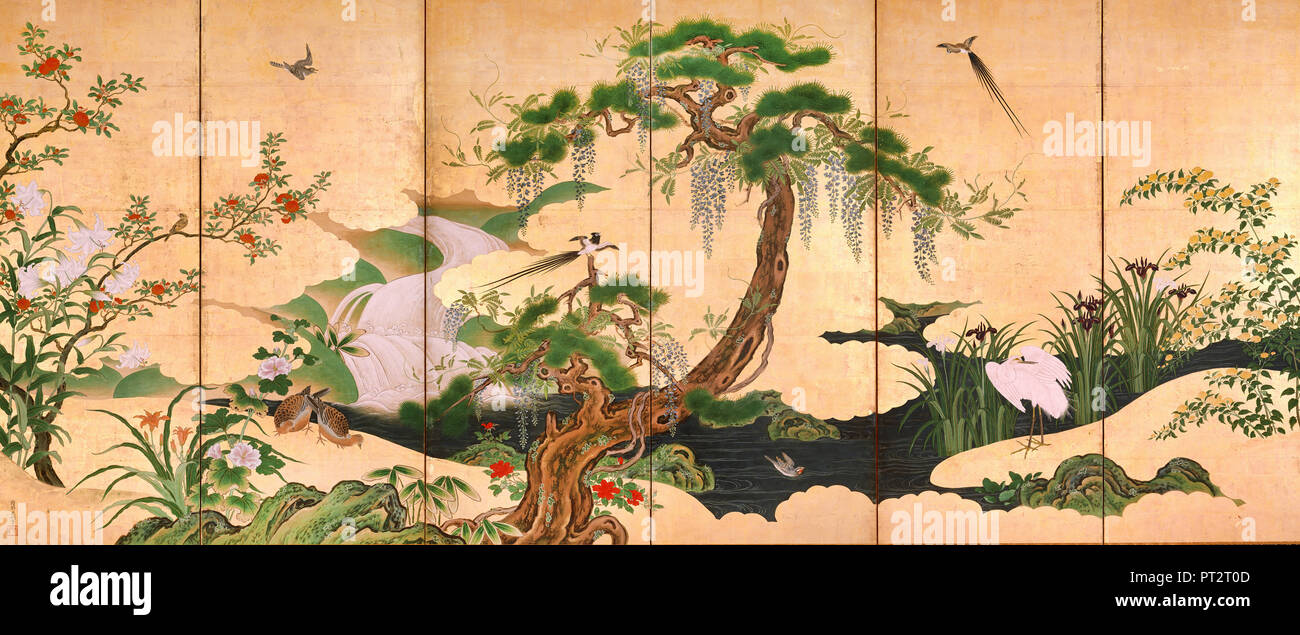 Kano Eino, oiseaux et fleurs de printemps et d'été, 17e siècle, Suntory Museum of Art, Osaka, Japon. Banque D'Images