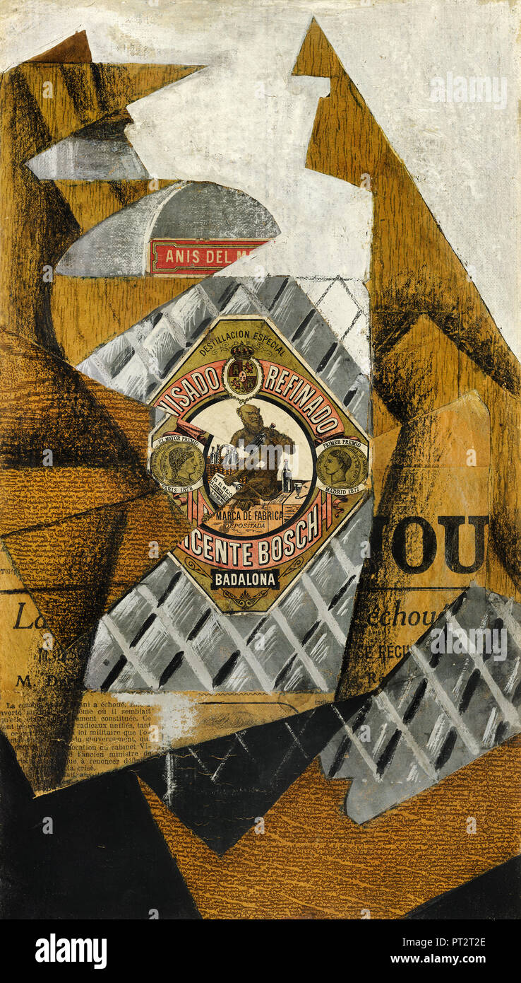 Juan Gris, la bouteille d'Anís del Mono 1914 huile et collage sur toile graphite, Museo Nacional Centro de Arte Reina Sofía, Madrid, Espagne. Banque D'Images