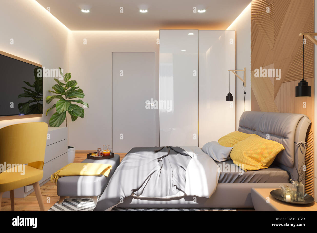 3d illustration de concept de design d'intérieur chambre à coucher dans un style scandinave. Le rendu est fait dans des couleurs vives. Les images en haute résolution pour le web et print. Banque D'Images