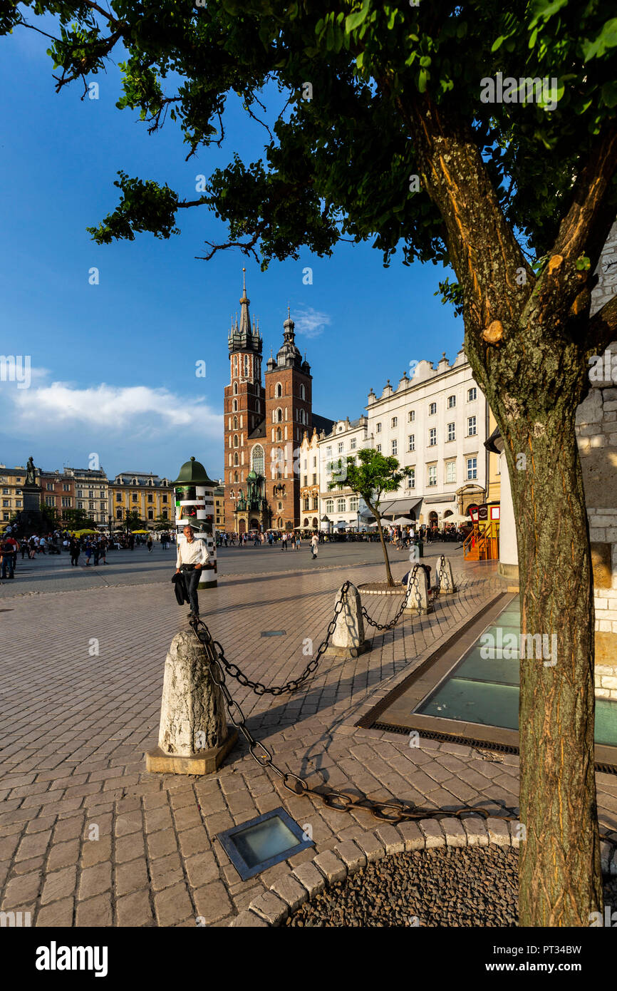 L'Europe, Pologne, Cracovie, Pologne Petite / Cracovie, la Halle aux Draps, place principale et la Basilique Sainte-Marie Banque D'Images