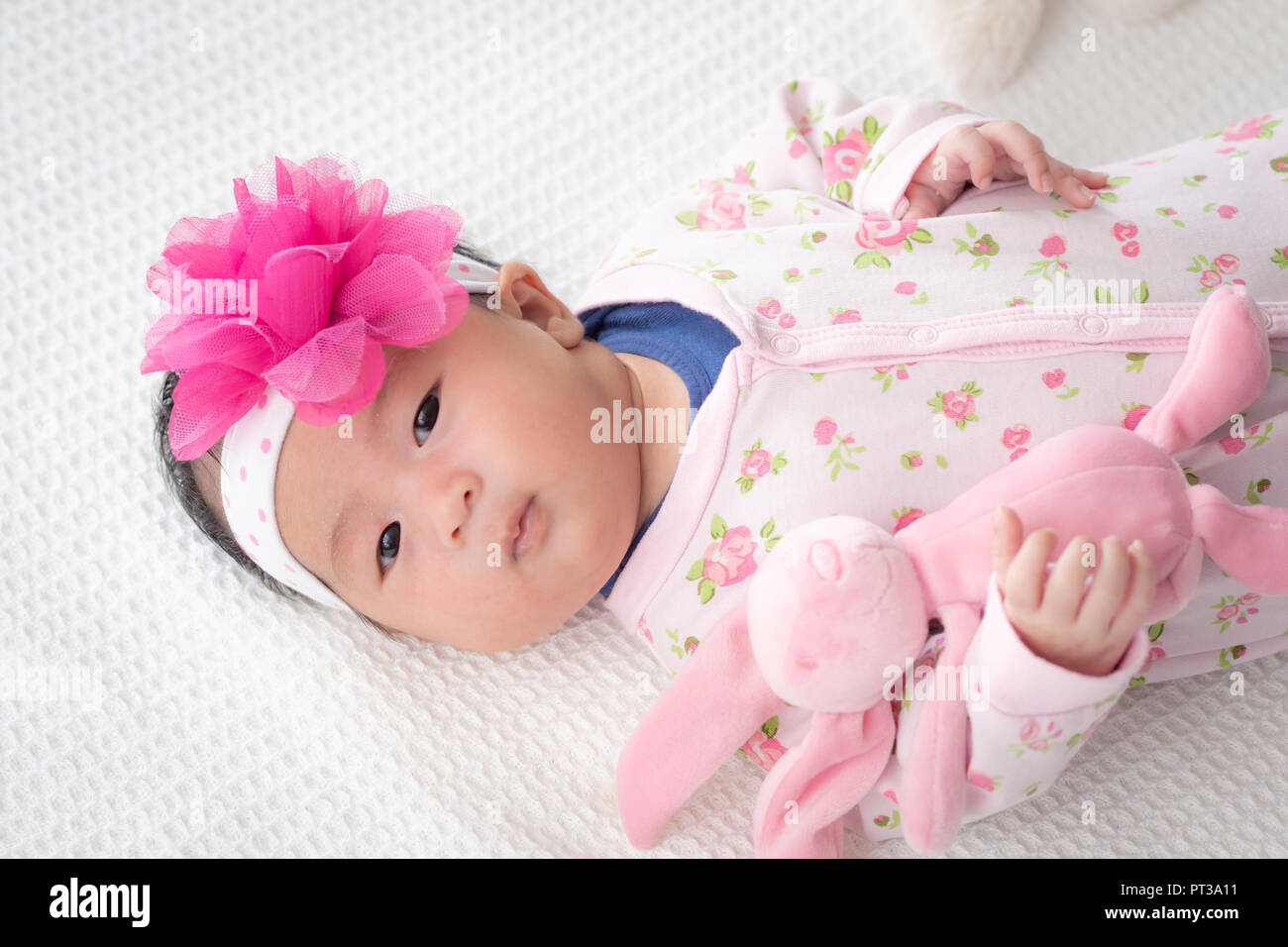 4 semaines nouveau-né en fixant rose avec des jouets en peluche Banque D'Images