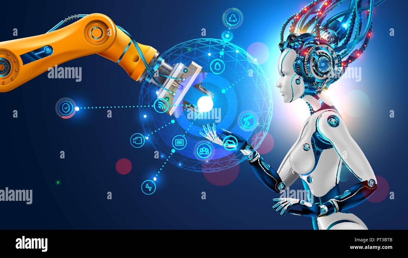 Robot avec l'intelligence artificielle prend le contrôle de l'usine en leurs mains. Bras robotique va dans la gestion de l'IA. Interface avec la gestion des icônes de Hud de l'automatisation industrielle de fabrication. Illustration de Vecteur
