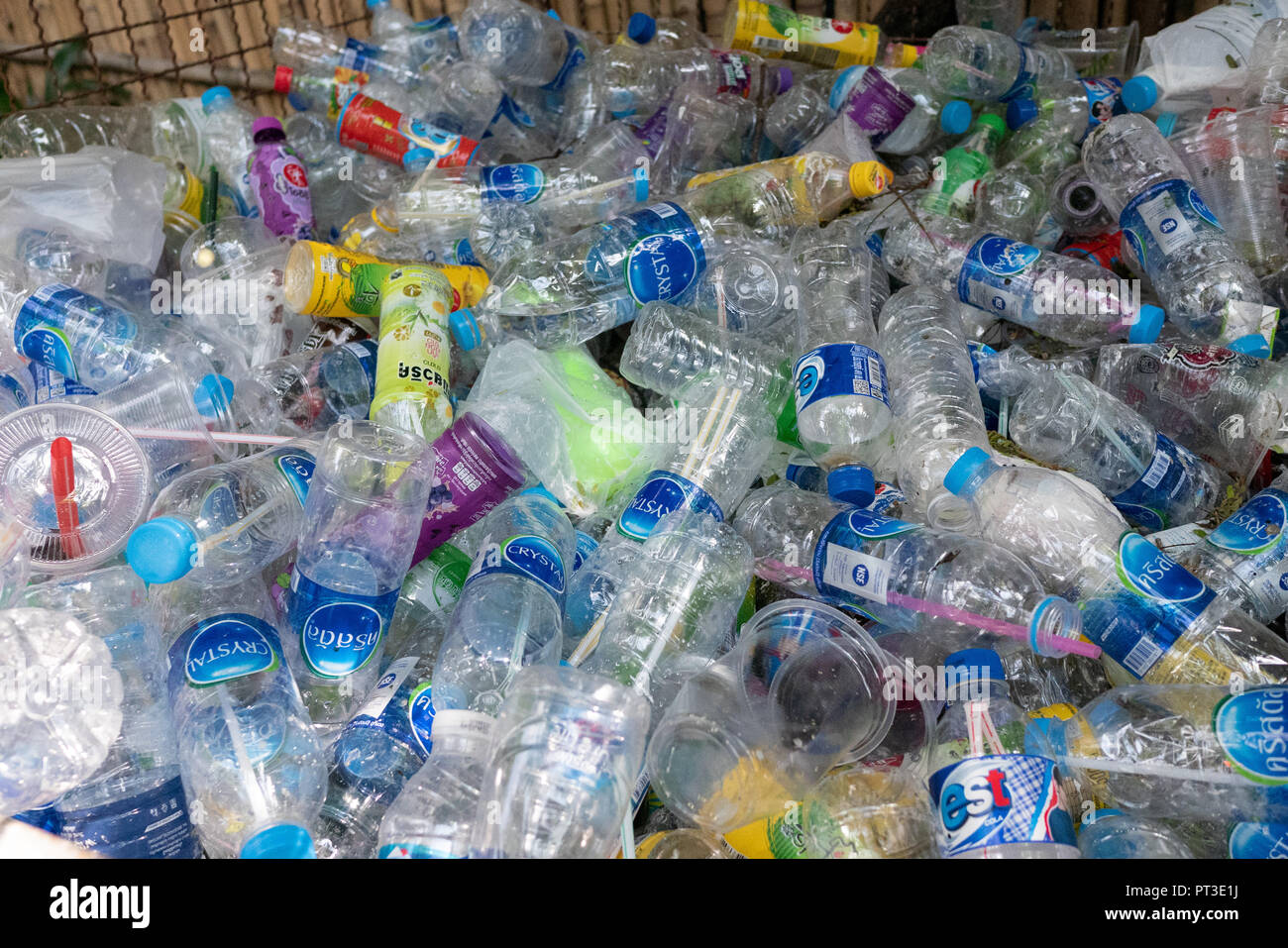 Bangkok, Thaïlande - 22 septembre 2018 : les bouteilles en plastique dans la corbeille en attente de processus de recyclage. Banque D'Images