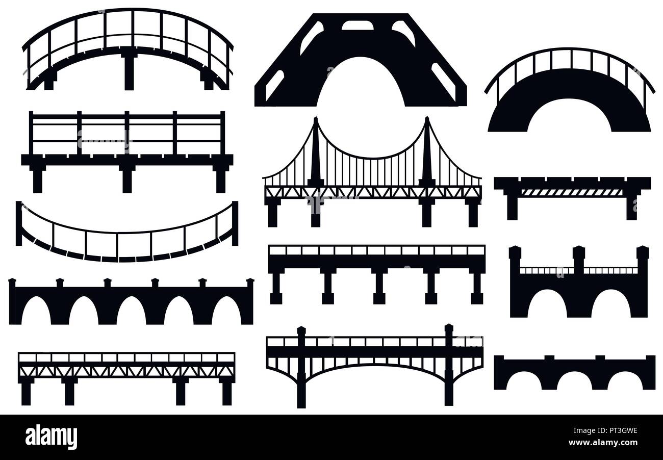 Silhouette noire. Collection de différents ponts. Ville architecture télévision icône. Vector illustration isolé sur fond blanc. Illustration de Vecteur