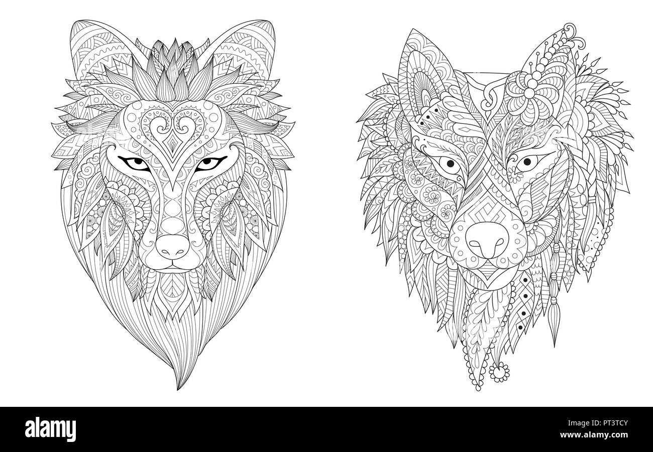 Loup dessin collection pour tatouage, imprimé tee et pages de coloriage pour adultes anti stress. Vector illustration. Illustration de Vecteur
