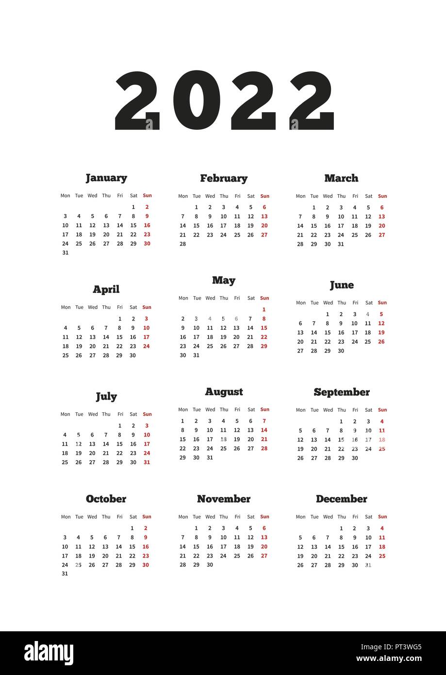 Calendrier Sur L'année 2022 Avec Semaine À Partir De Lundi, Format A4 Feuille Verticale On White Image Vectorielle Stock - Alamy