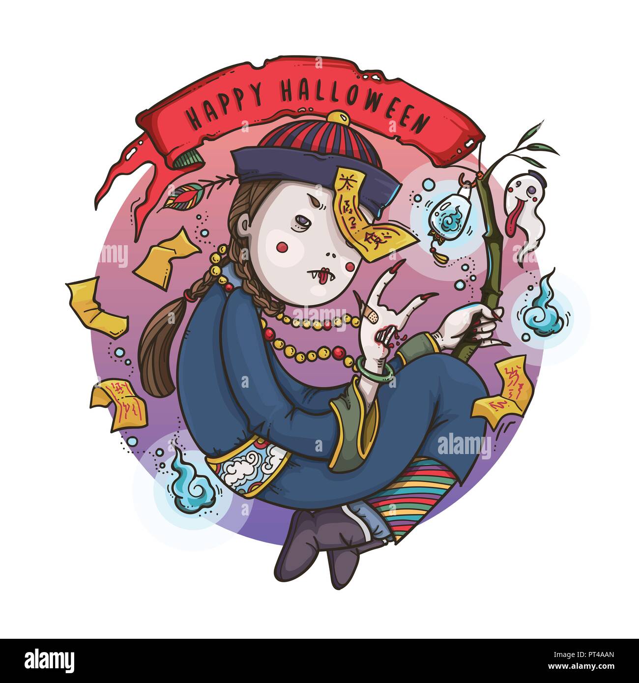 Illustration Vecteur de saut chinois Jiangshi Holding fantôme Vampire drapeau rouge et l'âme lanterne pour Halloween sur fond blanc, Cute Cartoon Char Illustration de Vecteur
