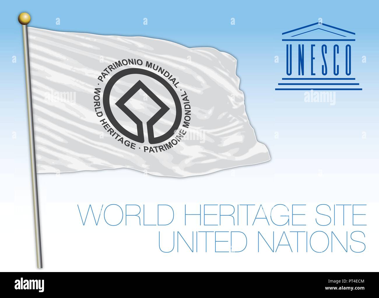 Les sites du patrimoine mondial de l'UNESCO, drapeau de l'Organisation des Nations Unies, New York, USA Illustration de Vecteur