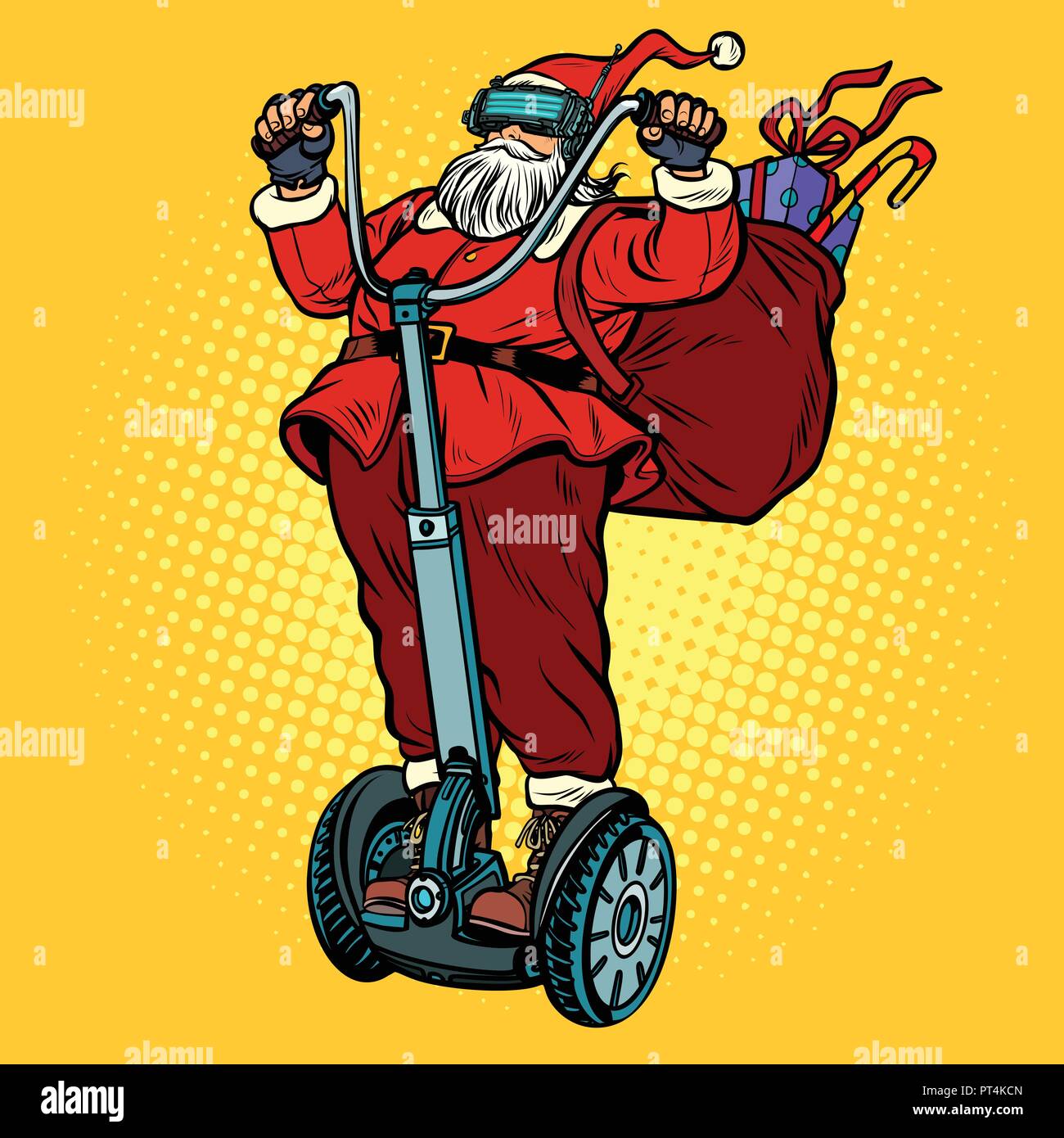 Père Noël en lunettes VR, avec les cadeaux de Noël des manèges un scooter électrique. La réalité virtuelle. Pop art retro kitsch vintage illustration vectorielle Illustration de Vecteur