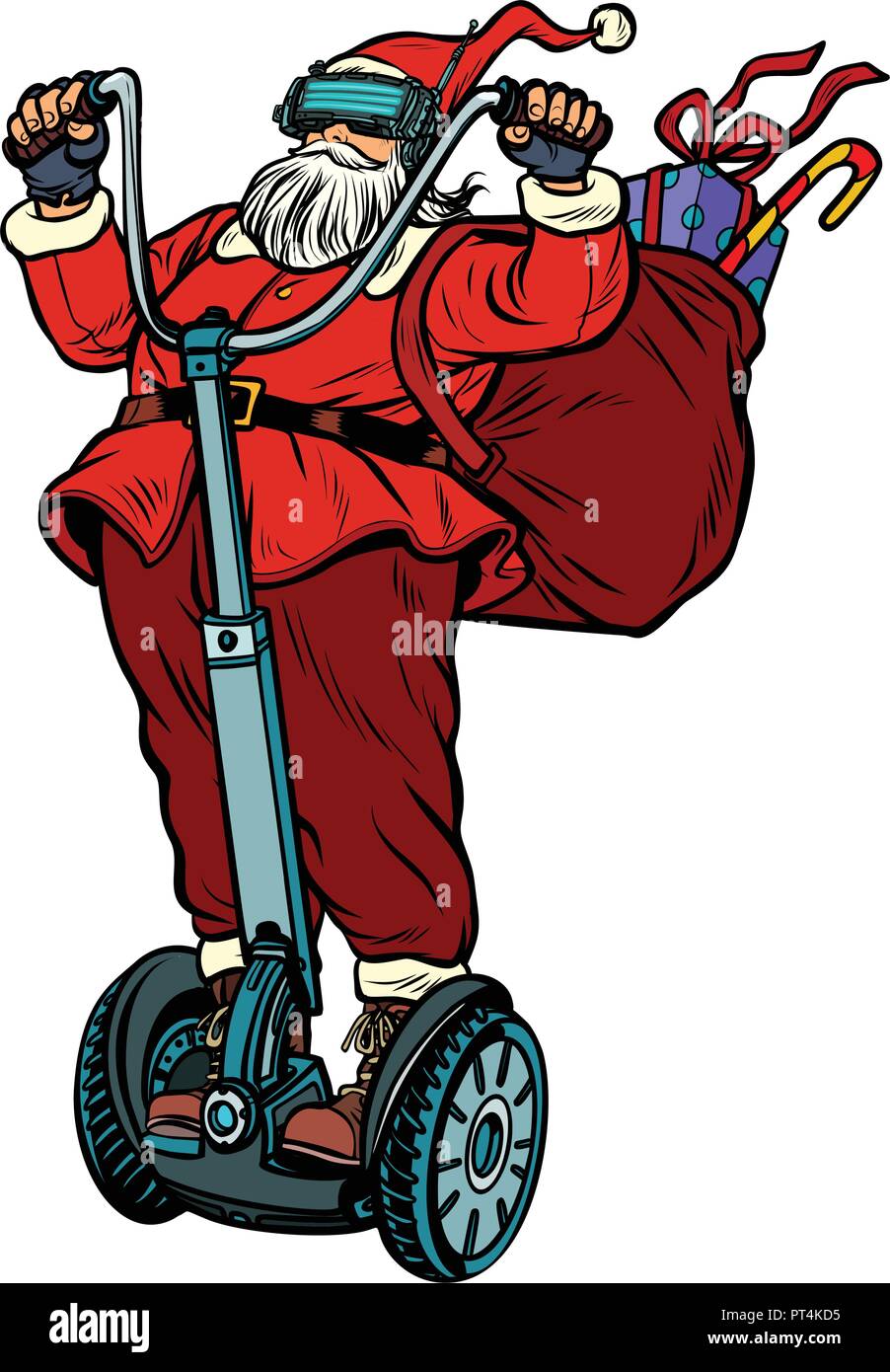 Père Noël en lunettes VR, avec les cadeaux de Noël des manèges un scooter électrique. La réalité virtuelle. Isoler sur fond blanc. Pop art retro vector illustra Illustration de Vecteur