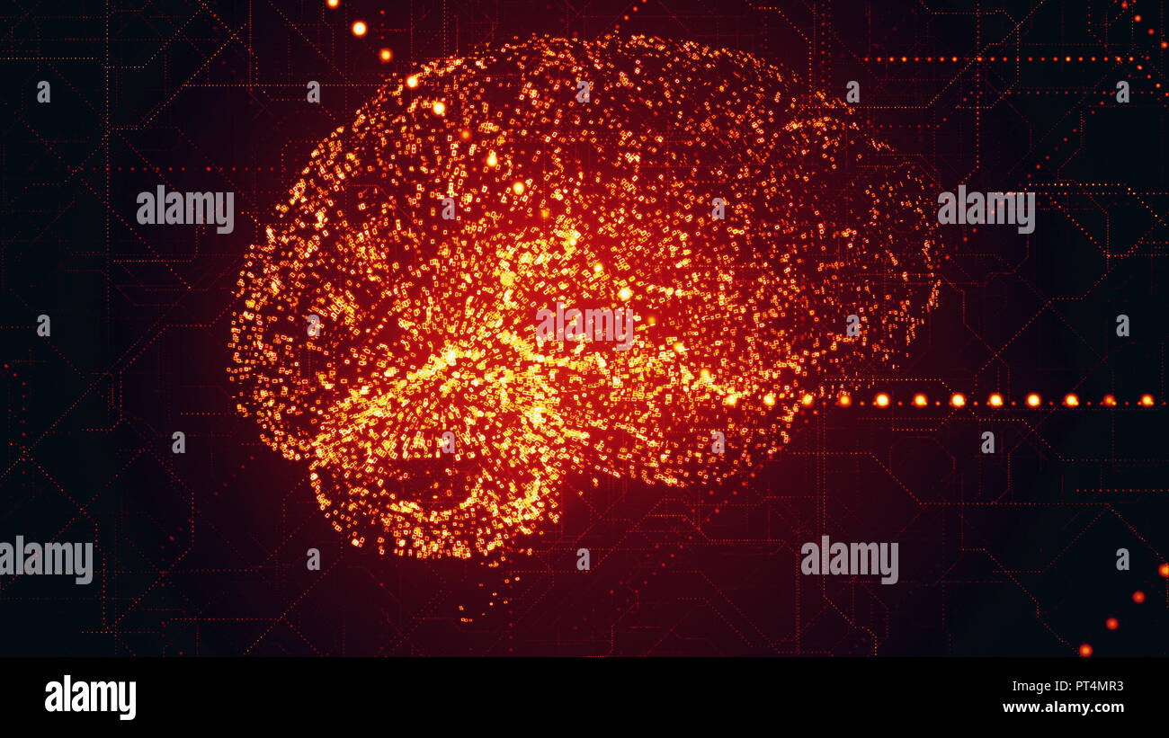 L'Intelligence Artificielle numérique rouge brillant cerveau apperas en numérisation de données binaires Banque D'Images