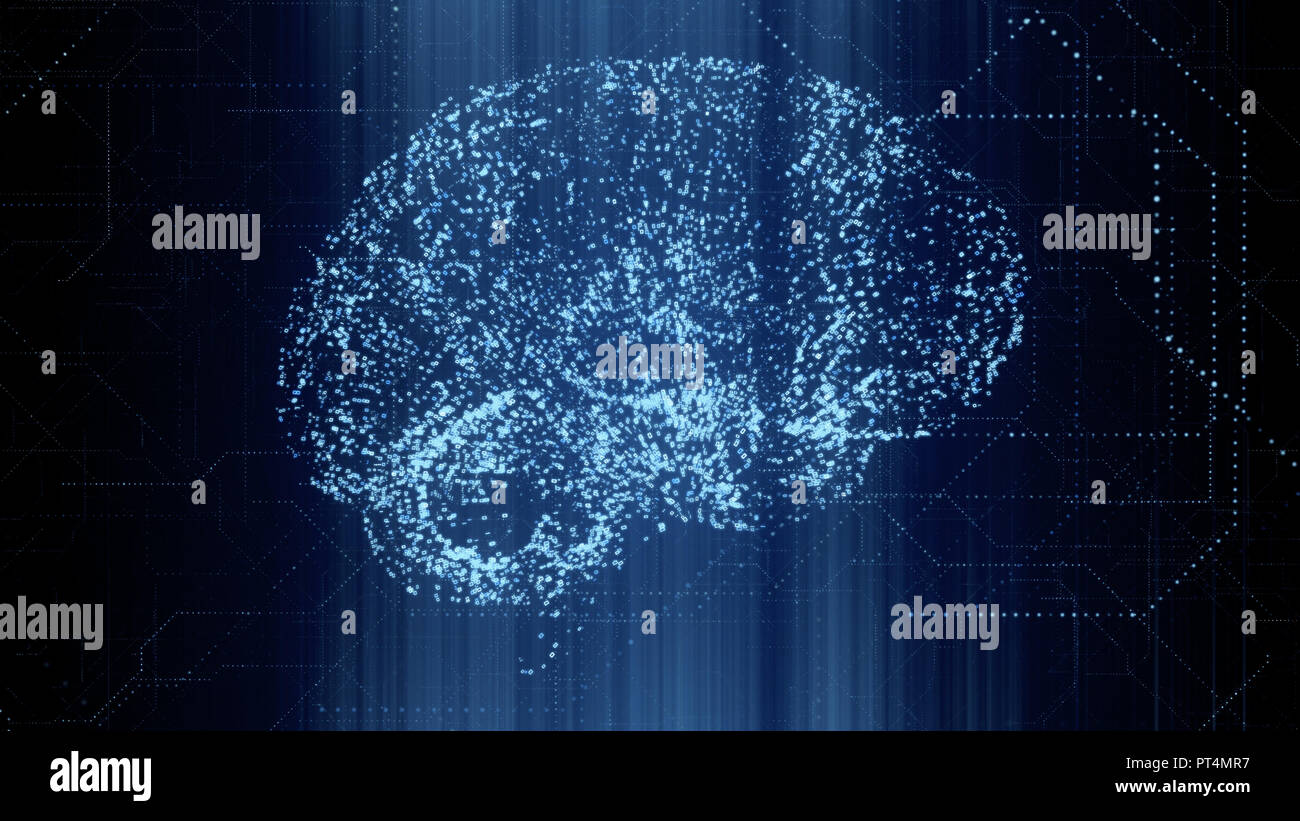 L'Intelligence Artificielle numérique bleu brillant cerveau apperas en numérisation de données binaires Banque D'Images