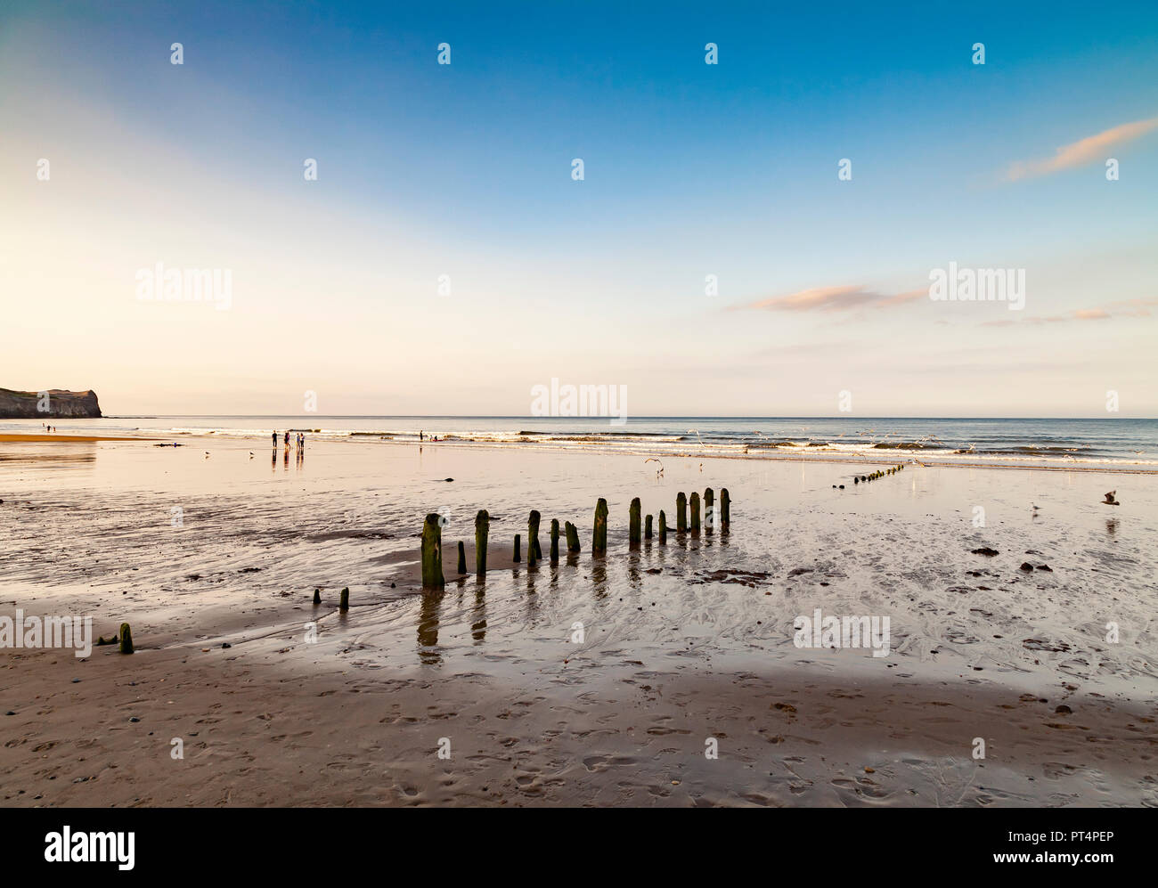 Seascape, scène de plage avec des épis sur la plage de Sandsend, Whitby, Angleterre Août 2018 Banque D'Images