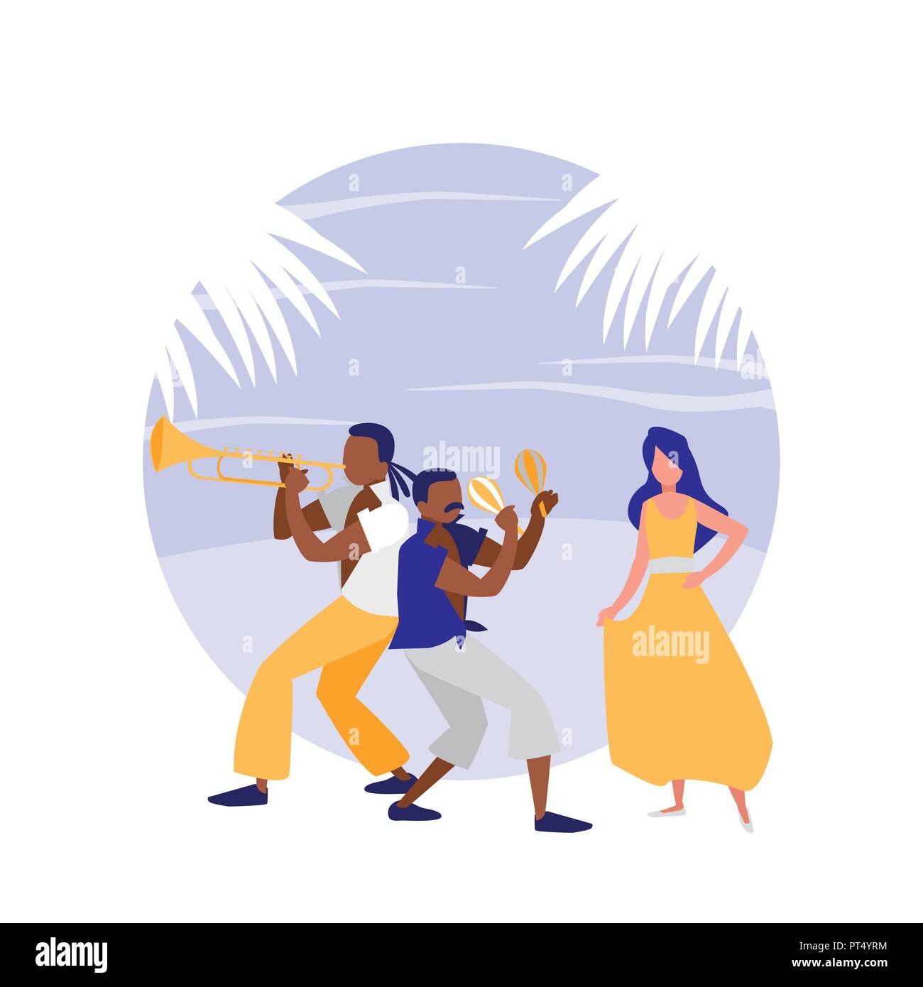 La conception de la bande tropicale avec des musiciens et d'une femme dansant sur fond blanc, design coloré. vector illustration Illustration de Vecteur