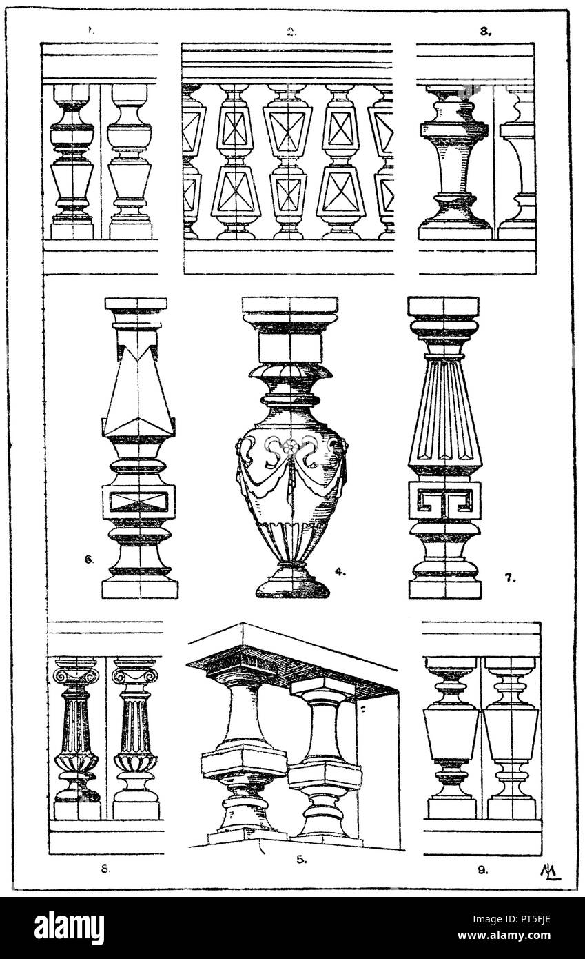 1. Grumes de quatre accusés. Ital. Renaissance. De l'église de Sta. Maria della Sahite à Venise. 2. Système de porte-à-faux carrés devant Palazzo Pesaro à Venise. 3ème tour Docke. Via Alfieri no7 à Turin. 4. Docke coupé en bois. Ital. Renaissance. Au-dessus du chœur à Sta. Maria Novella à Florence. 5. Dock en français. Roux architecte à Paris. 19e siècle. 6.-7ème Square les quais de bois à Bethke, la construction en bois décoratif. 8e 9e Docks d'argile cuite au four. 19e siècle, 1918 ML. Banque D'Images