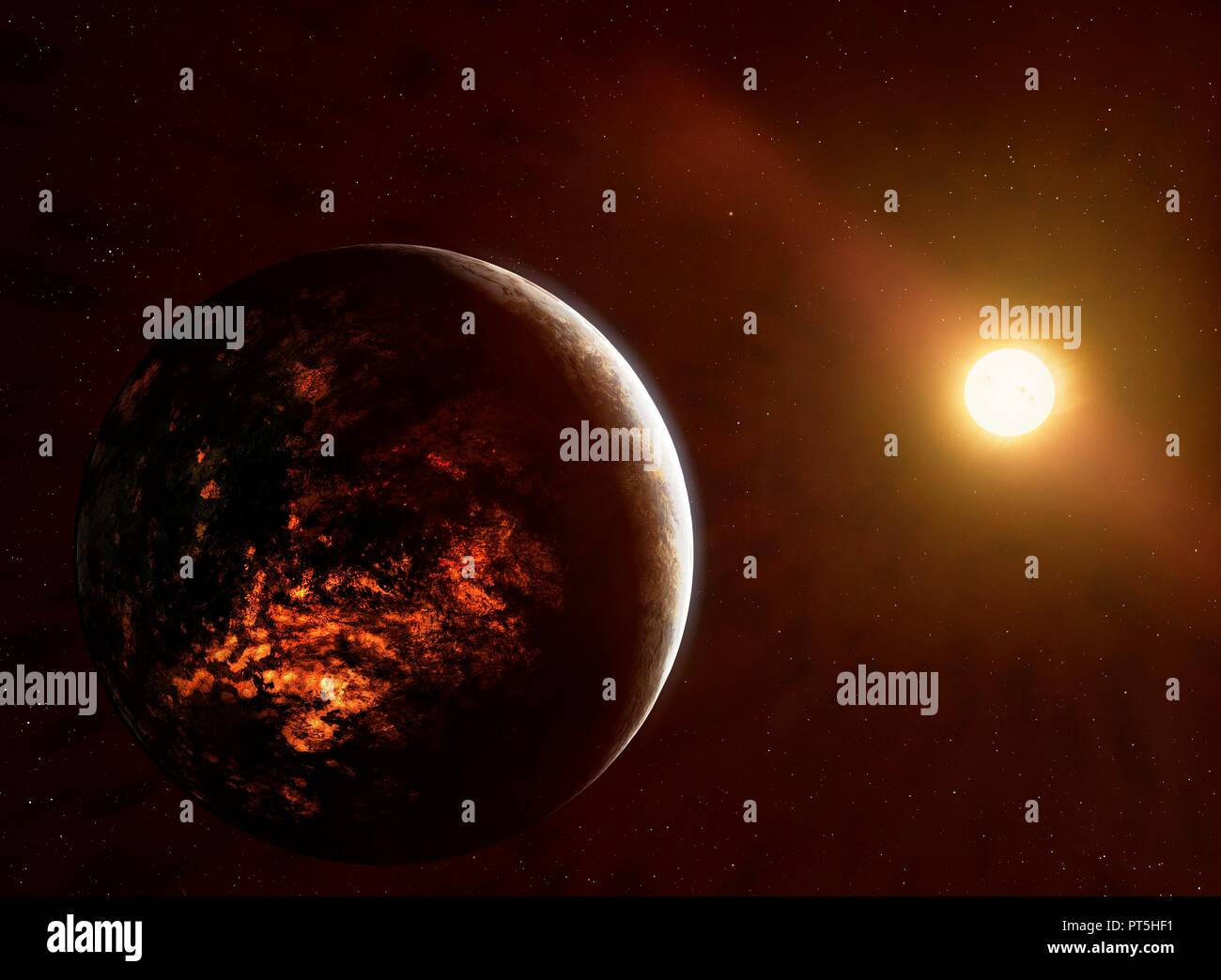 Illustration de la planète 55 Cancri e,également appelé Janssen.C'est une planète géante en orbite autour de 55 Cancri A. Sa masse est estimée à environ 8,6 masses terrestres,permettant une soi-disant "super-Terre".La planète orbite autour de son étoile si étroitement qu'il termine une orbite en moins de 18 heures.La proximité de son étoile - seulement 0.015 unités astronomiques,ou 1 20e de l'Mercury-Sun - séparation signifie que la planète est exceptionnellement chaud et tendance,volcanique que cette représentation montre. Banque D'Images
