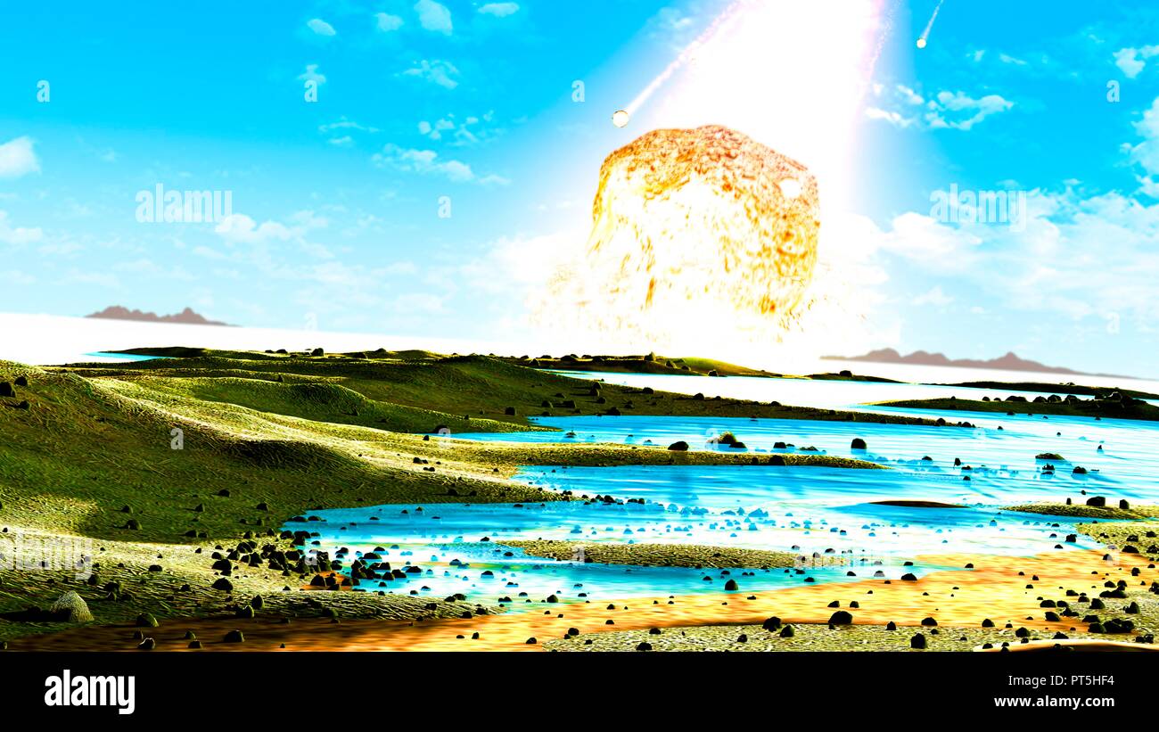 L'impact d'astéroïdes. Illustration d'un gros astéroïde entrant en collision avec la masse sur la péninsule du Yucatan au Mexique. Cet impact est soupçonné d'avoir causé la mort des dinosaures il y a quelque 65 millions d'années. L'impact a formé le cratère de Chicxulub, qui est d'environ 200 kilomètres de large. L'impact aurait jeté des milliards de tonnes de poussière dans l'atmosphère, le refroidissement du climat de la terre de manière significative, ce qui pourrait avoir été responsable de l'extinction massive. Une couche de roche riche en iridium, connue comme la limite K-pg, est pensé pour être les restes de l'impact de débris. Banque D'Images