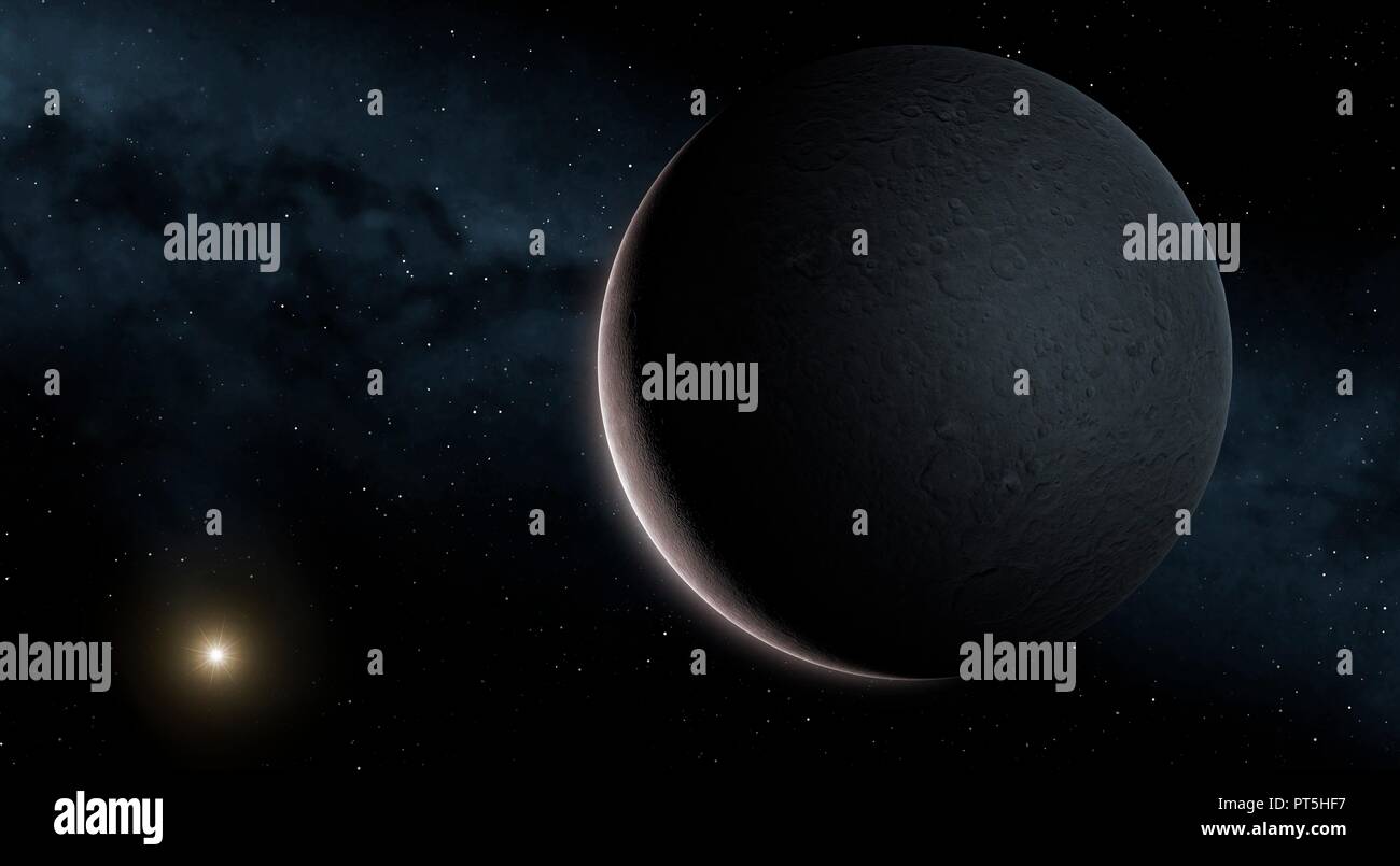 Ceres, illustration. Ceres est une planète naine, la seule qui orbite autour de la ceinture d'astéroïdes. Il s'agit également d'un astéroïde, le plus grand connu, et le premier à être découvert, en 1801. La surface de Cérès est hérissée de cratères dus à des impacts de météorites. Il est en orbite autour du Soleil à une distance moyenne de 2,76 unités astronomiques (UA), et a un rayon moyen de 473 km - assez grand pour qu'il soit sphérique. Il a été étudié par la sonde Dawn, qui est entrée en orbite autour de la mini-monde en mars 2015. Banque D'Images