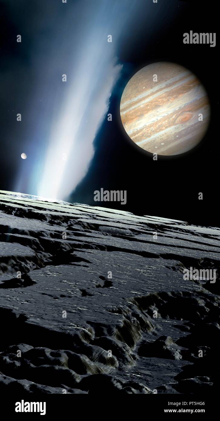 Jupiter vu de Europa, illustration. Europa est la plus petite des quatre lunes galiléennes de Jupiter, et le deuxième plus proche de la planète. Sa surface est relativement lisse et glacée. Répercussions sur les météorites causer la fonte de la surface, permettant à l'eau pour lisser avant de regel. Il existe une preuve de grande échelle de la glace, peut-être appuyée par un manteau liquide et conduit par des procédés thermiques à l'intérieur de la lune. Geysers de glace ont été vu sur cette lune, avec jets de matière riche en crachant de l'eau 200 km dans l'espace. Banque D'Images