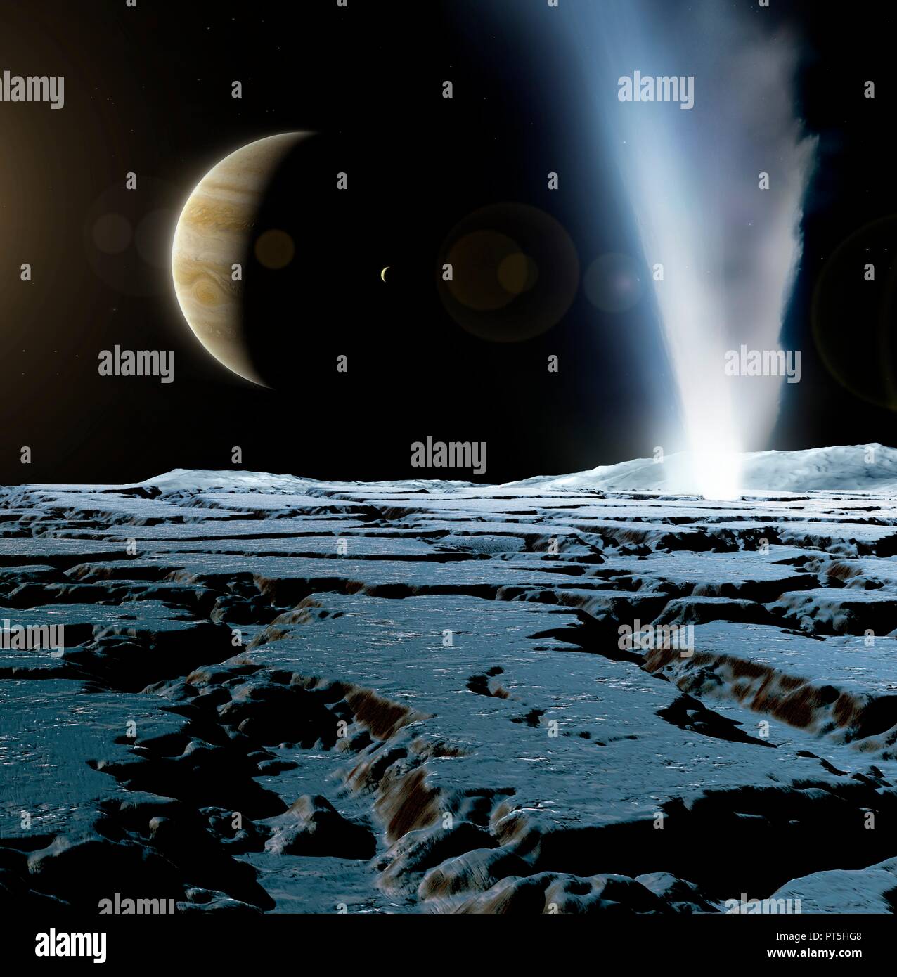 Geyser sur Europa, illustration. Europa est la plus petite des quatre lunes galiléennes de Jupiter, et le deuxième plus proche de la planète. Sa surface est relativement lisse et glacée. Répercussions sur les météorites causer la fonte de la surface, permettant à l'eau pour lisser avant de regel. Il existe une preuve de grande échelle de la glace, peut-être appuyée par un manteau liquide et conduit par des procédés thermiques à l'intérieur de la lune. Geysers de glace ont été vu sur cette lune, avec jets de matière riche en crachant de l'eau 200 km dans l'espace. Banque D'Images