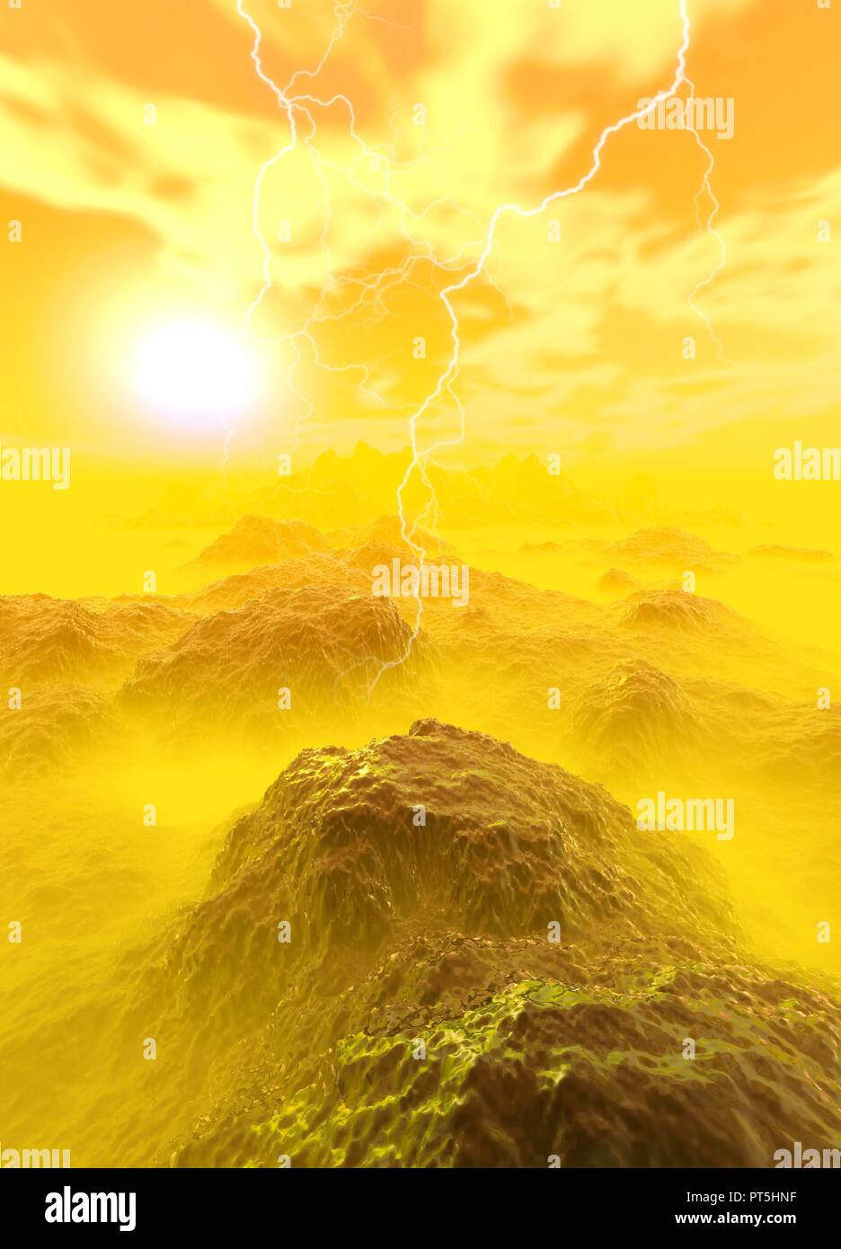 La surface de planète rocheuse et de la foudre, de l'illustration. Banque D'Images