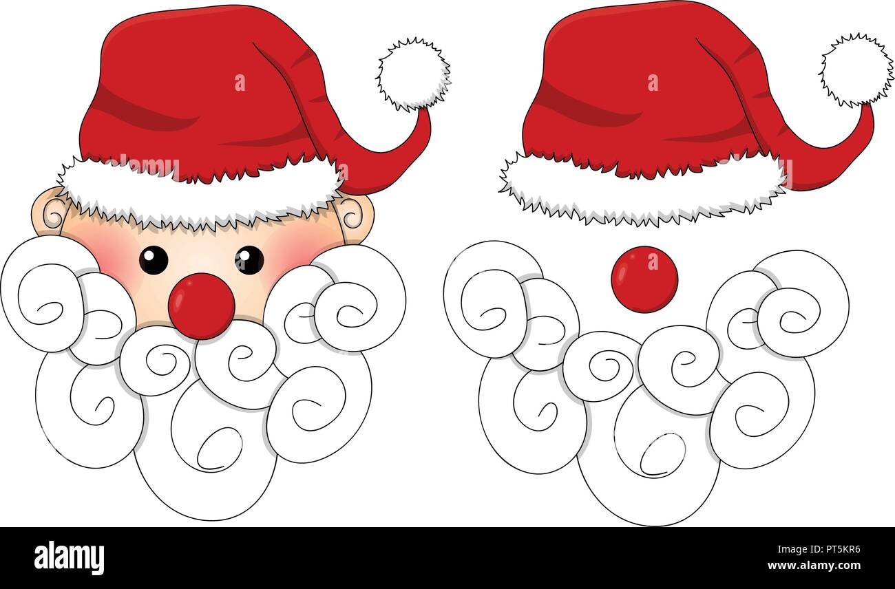 Le Père Noël, Santa Hat, Nez rouge et barbe blanche isolé sur fond blanc. Vector Illustration. Illustration de Vecteur