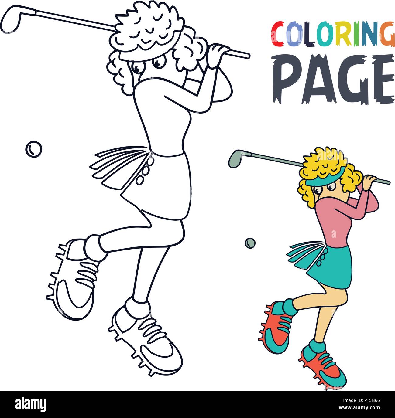 Coloriage avec femme golf player cartoon Illustration de Vecteur