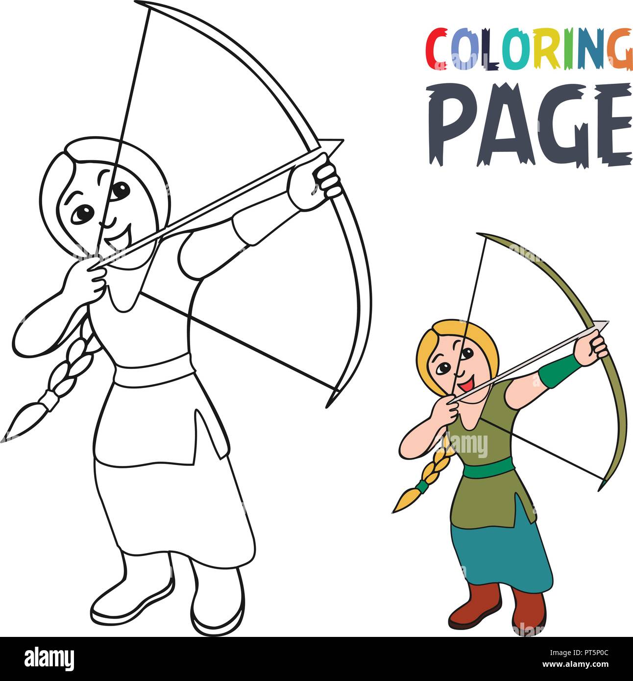 Coloriage avec femme archer cartoon Illustration de Vecteur