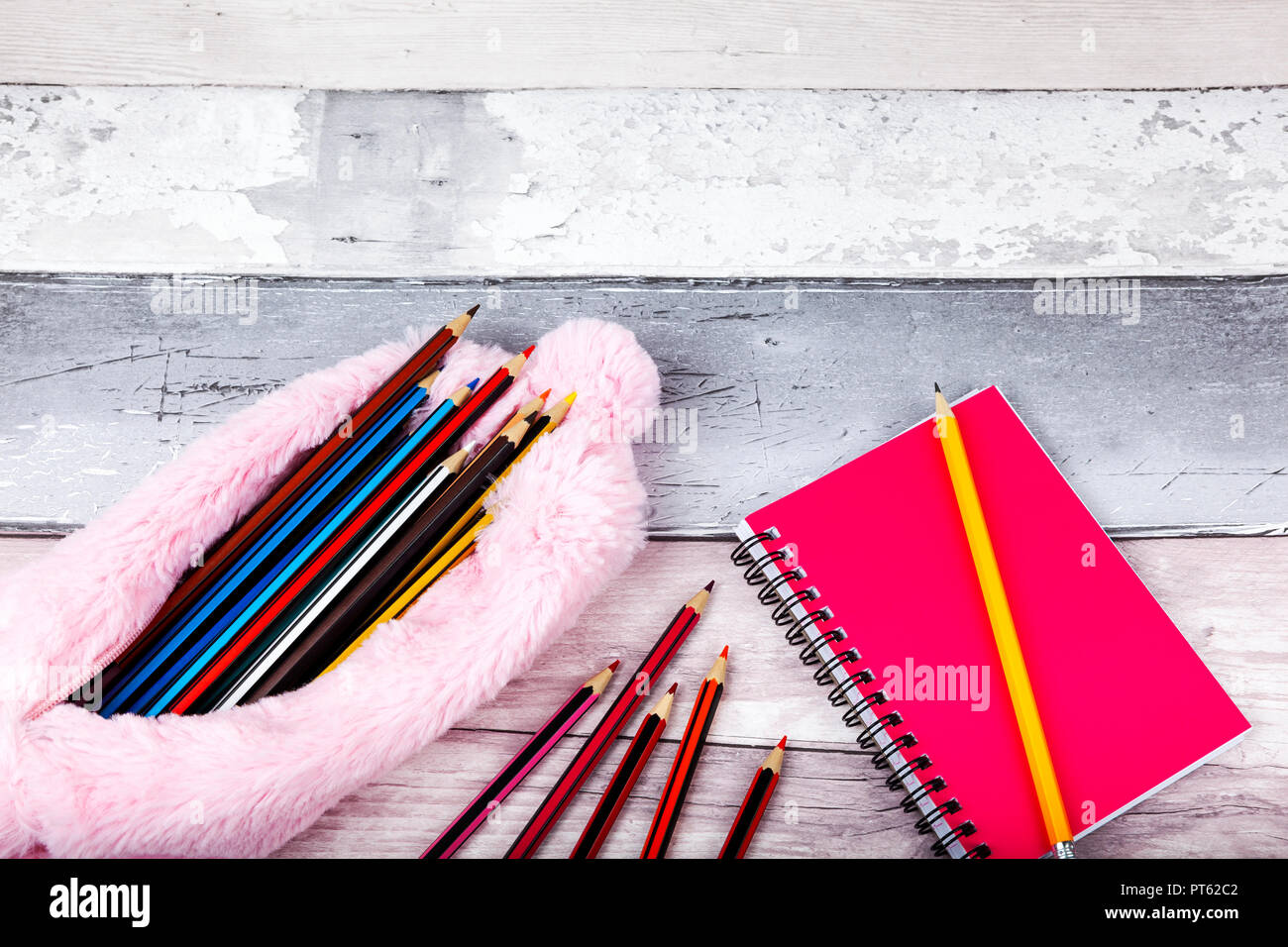 Étui à crayons rose et crayons de couleur avec une note portant sur le livre de plancher en bois peint de déroulage Banque D'Images