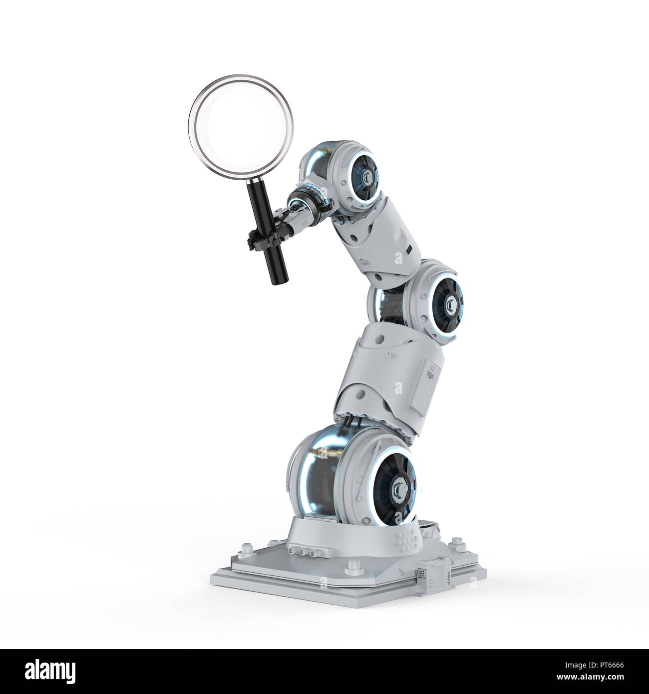 Bras de robot de rendu 3d avec loupe isolated on white Banque D'Images