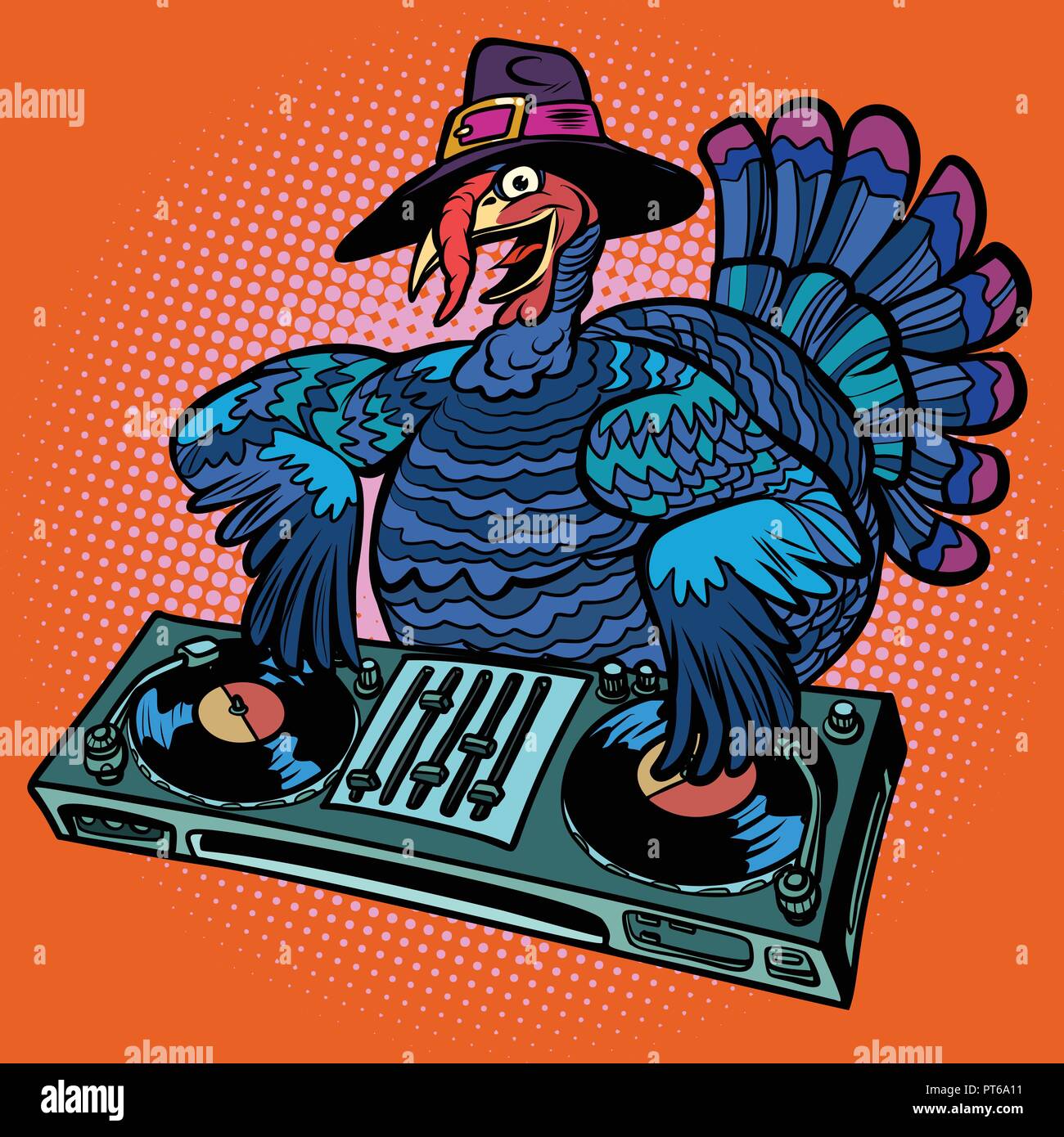 Caractère dinde de Thanksgiving. DJ à la maison de parti. Dessin animé Bande dessinée pop art retro vector illustration Illustration de Vecteur