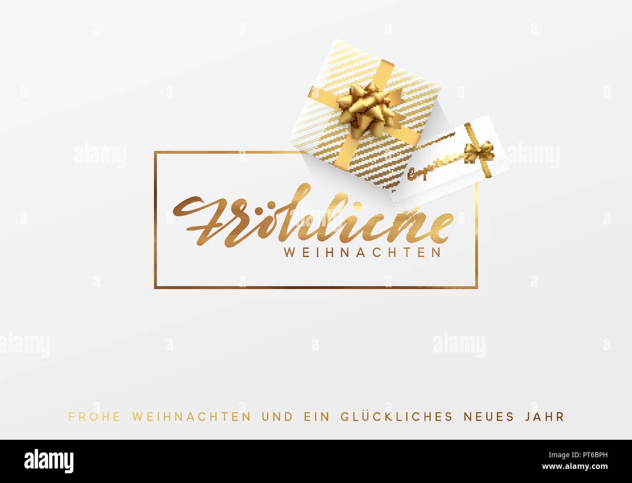 Texte allemand Frohliche Weihnachten. Joyeux Noël lettres d'or dans une trame de fond. Illustration de Vecteur