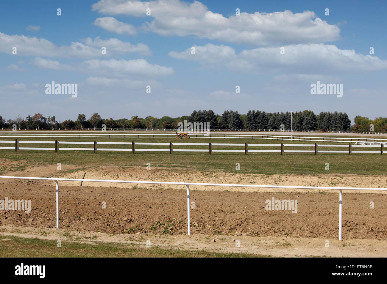 Courses de chevaux Hippodrome zone avec de l'herbe bien verte et blanc paysage clôtures Banque D'Images