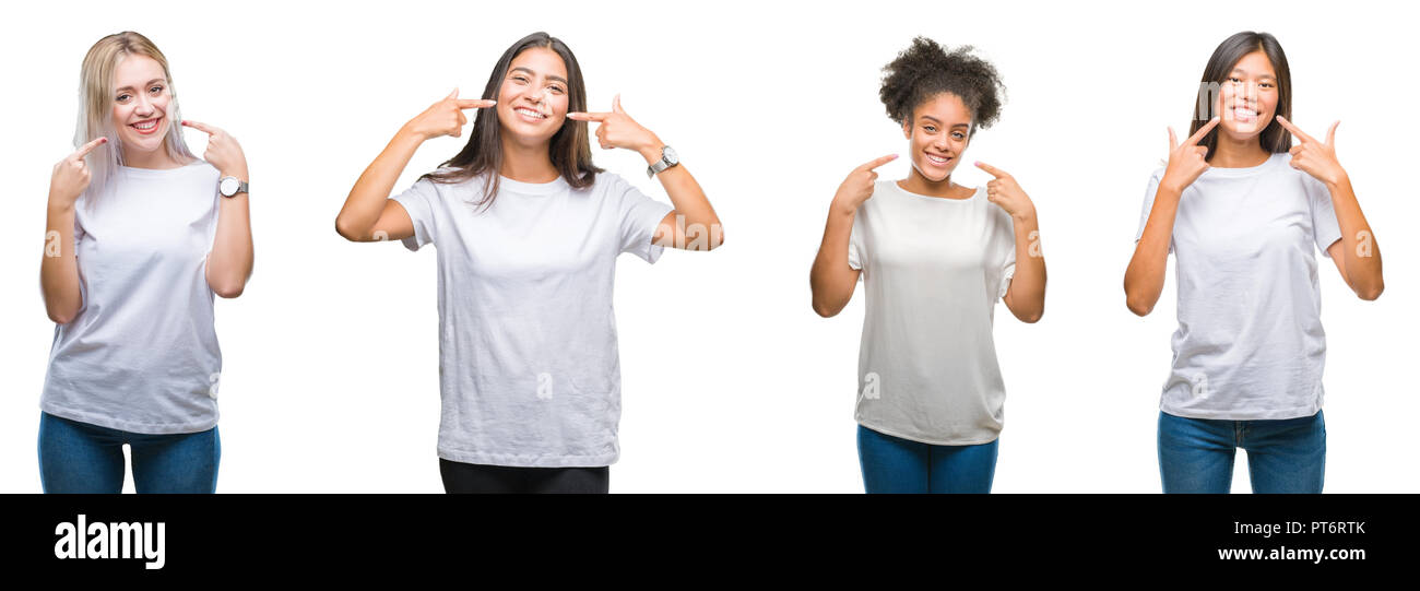 Collage de groupe de chinois, arabes, african american woman smiling fond isolé plus confiant avec les doigts et en montrant les dents et bouche Banque D'Images