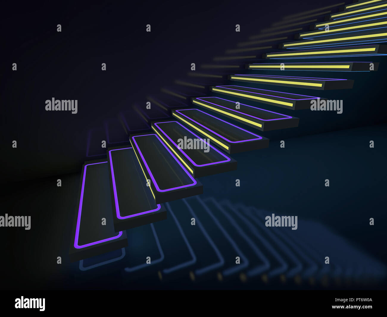 L'escalier des néons allant jusqu'à club ou discothèque. Le rendu 3D Banque D'Images