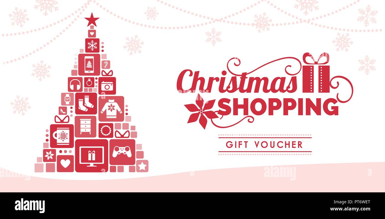 Bon d'achats de Noël avec sapin de Noël composé de beaux cadeaux Illustration de Vecteur