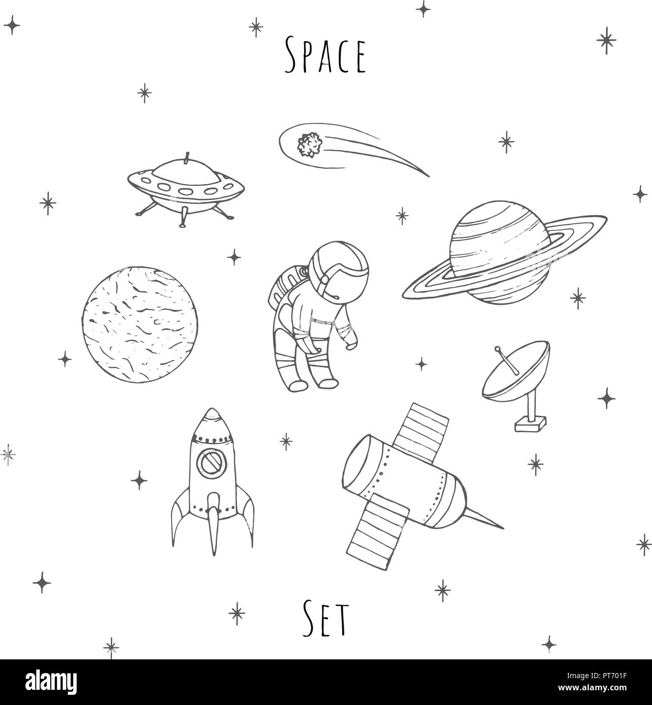 Vecteur dessiné à la main les éléments d'espace : cosmonaute, satelites, rocket, planètes, étoiles chute et OVNI. Cosmos set isolé sur le fond blanc. Illustration de Vecteur