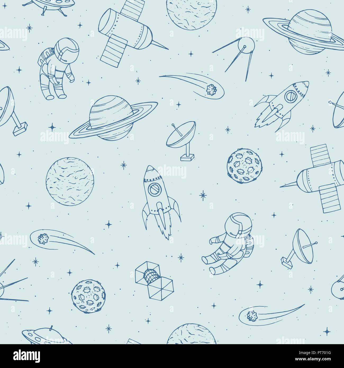 Hand drawn vector seamless pattern avec les cosmonautes, satellites, fusées, les planètes, la lune, les étoiles filantes et OVNI. Sur l'ornement cosmique fond clair Illustration de Vecteur