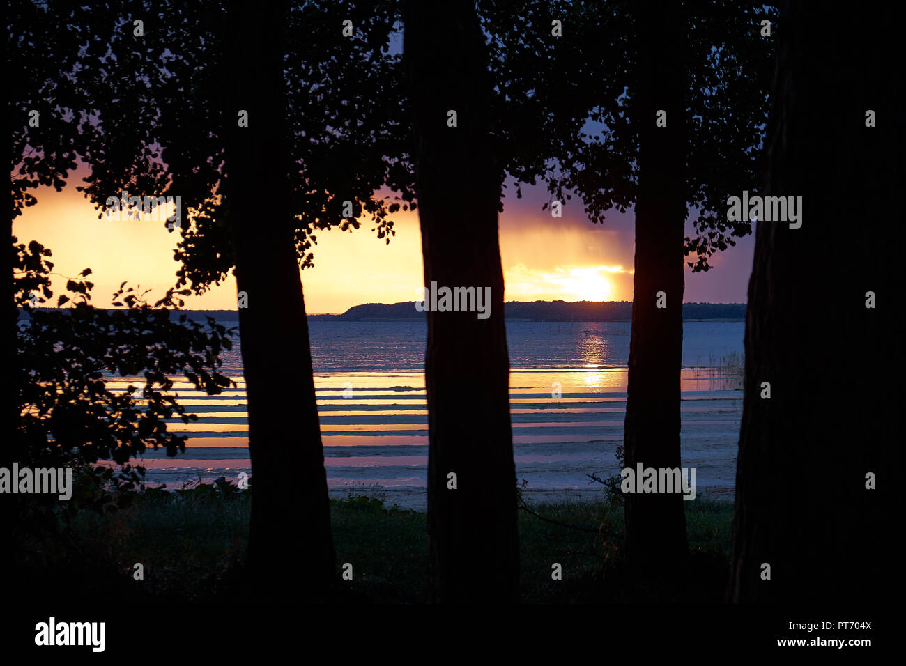 De soleil colorés sur une journée d'automne sur un lac près de Berlin avec des silhouettes d'arbres en avant-plan (Version 2) Banque D'Images