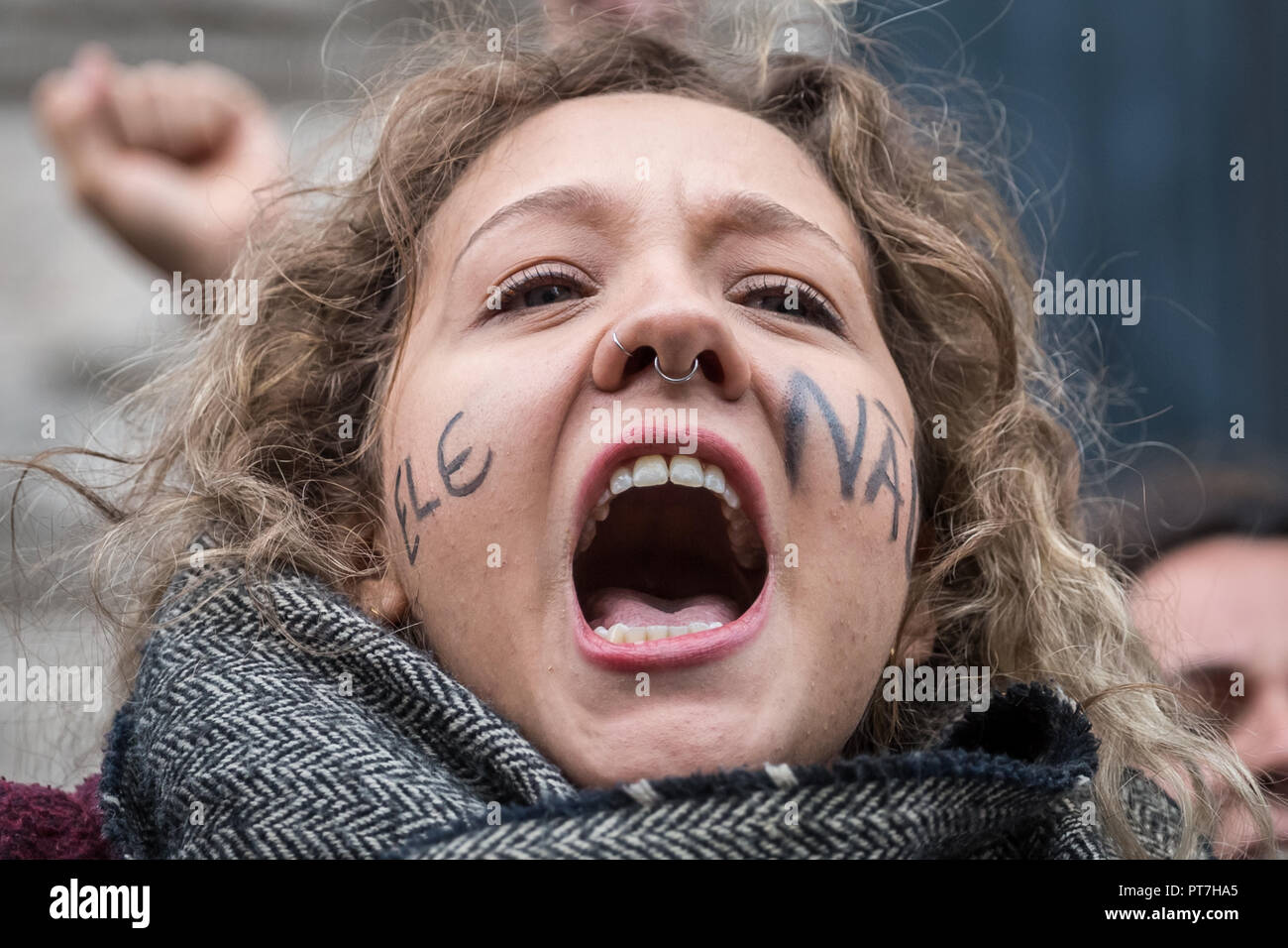 Londres, Royaume-Uni. 7 octobre 2018. Les femmes brésiliennes sur l'élection nationale de protestation contre jour Bolsonaro Jaďr,. Crédit : Guy Josse/Alamy Live News Banque D'Images