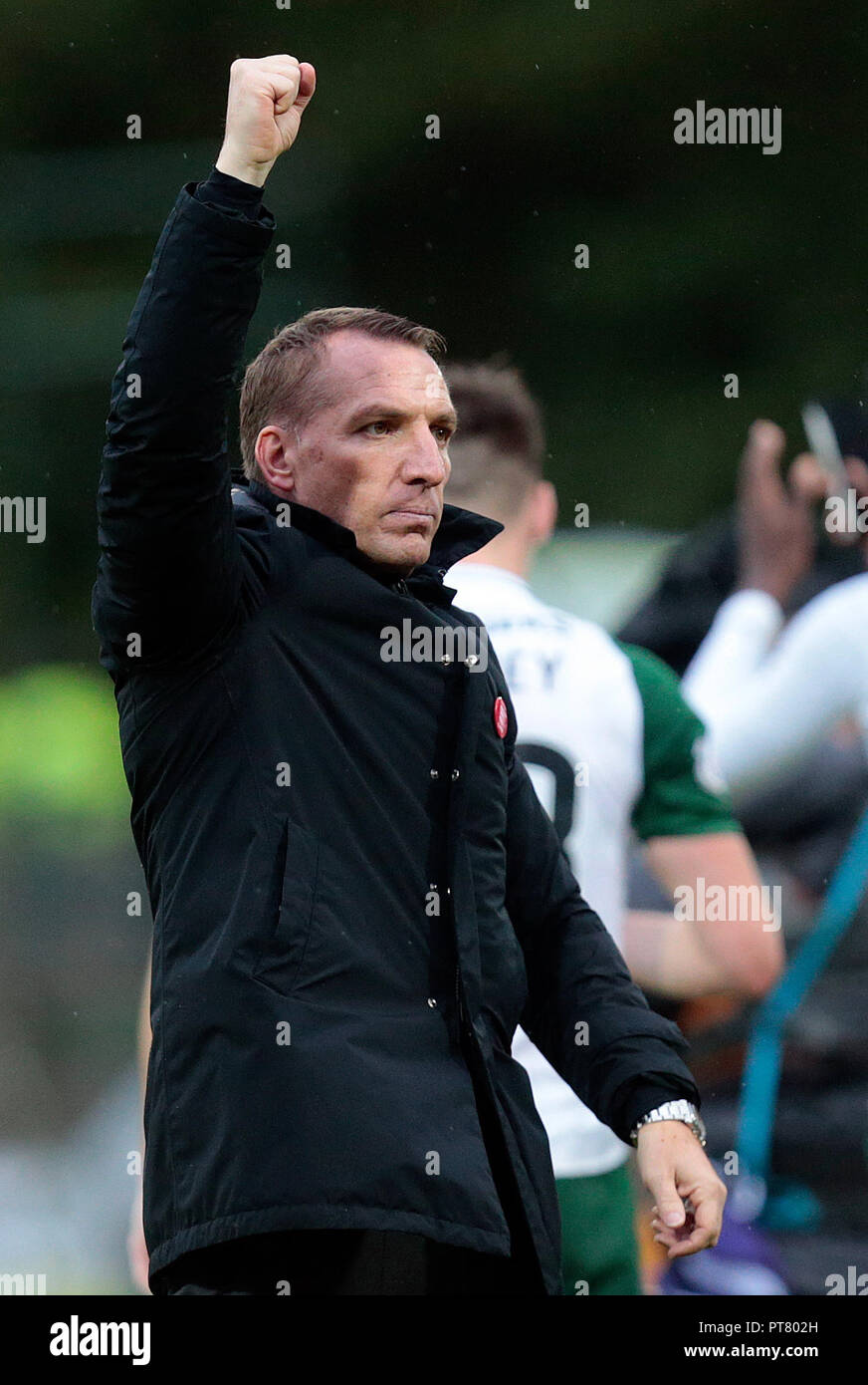 Manager du Celtic Brendan Rodgers célèbre la victoire contre St Johnstone au cours de la Premiership match écossais Ladbrokes à McDiarmid Park, Perth. Banque D'Images