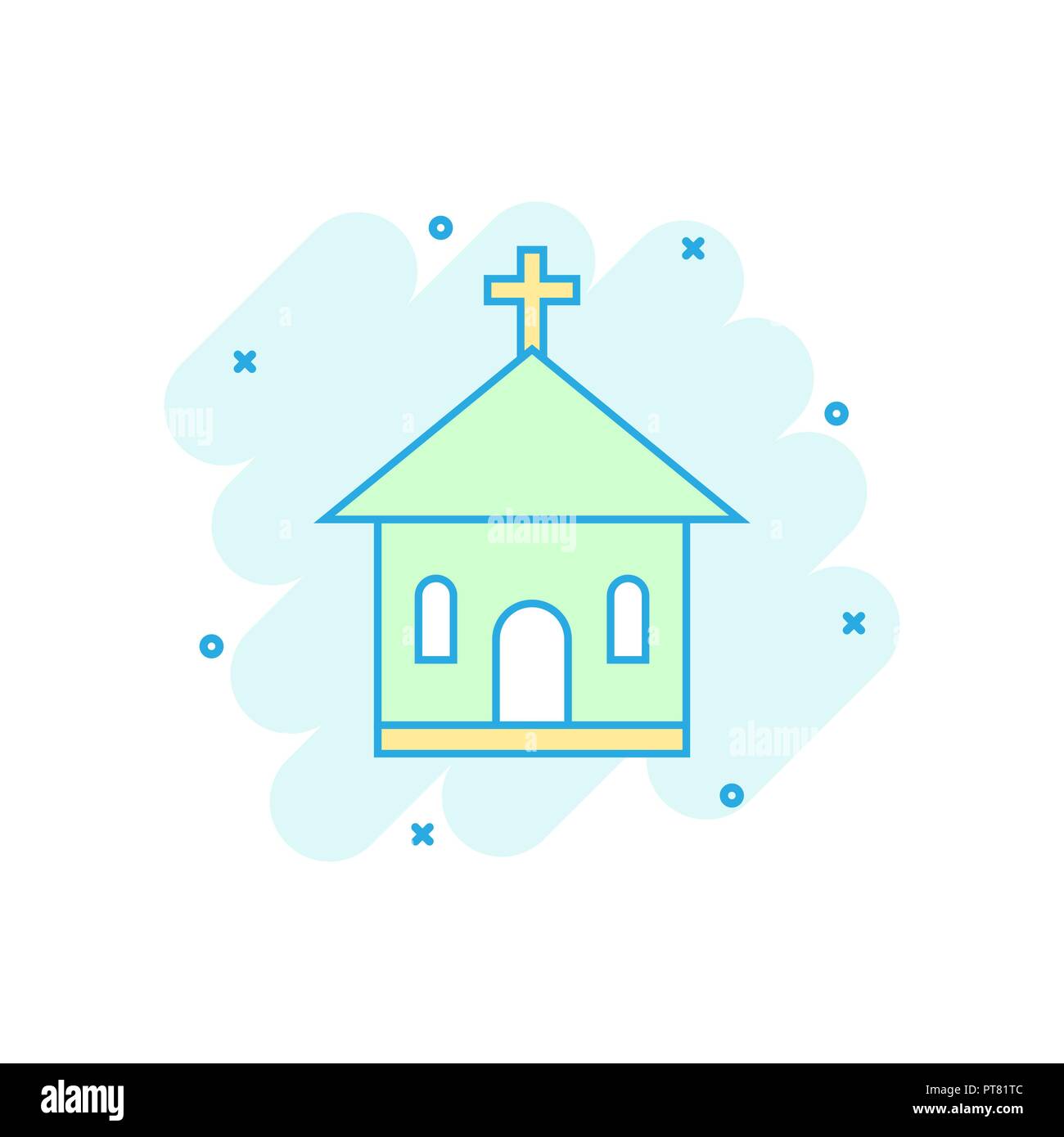 Sanctuaire de l'église de couleur Caricature icône dans le style comique. Temple building illustration pictogramme. Signe de l'église entreprise splash concept. Illustration de Vecteur