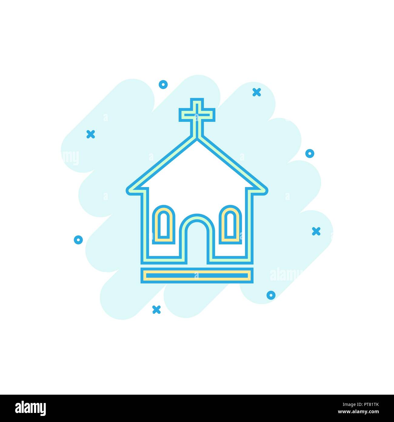 Sanctuaire de l'église de couleur Caricature icône dans le style comique. Temple building illustration pictogramme. Signe de l'église entreprise splash concept. Illustration de Vecteur