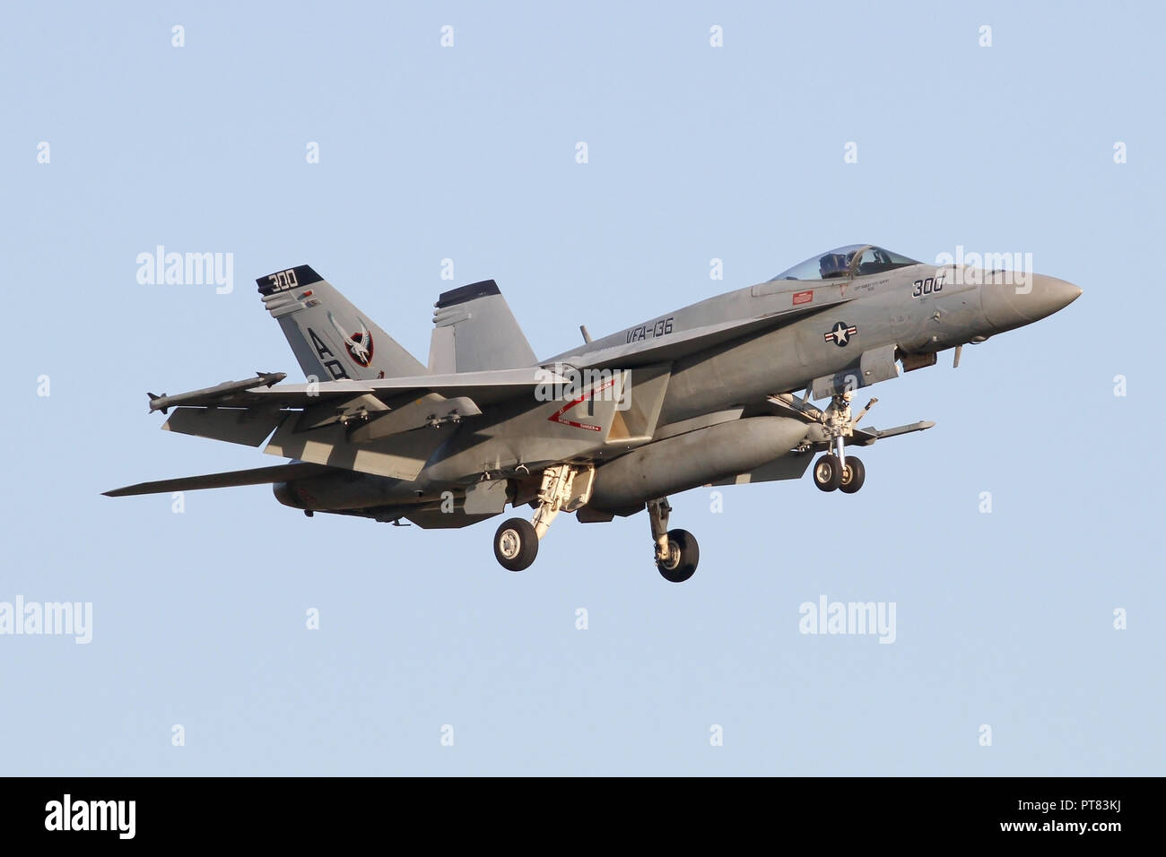 United States Navy F/A-18E Super Hornet sur approche à RAF Lakenheath au crépuscule pour un exercice conjoint avec l'aile de l'USAF basée ici. Banque D'Images