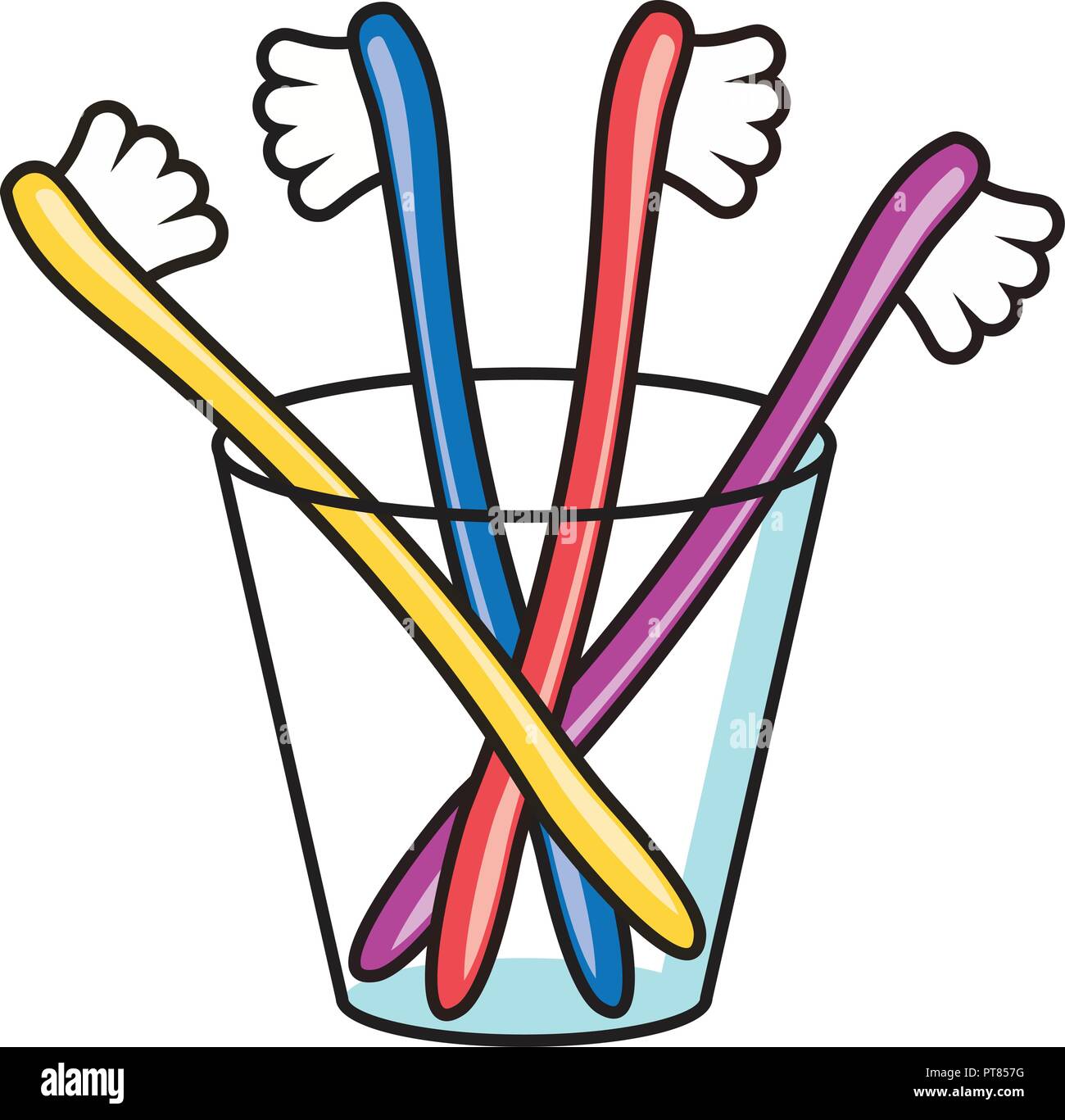 Vector brosses à dents colorés dans une tasse en verre. Une brosse à dents avec du dentifrice et pas de collecte de verre transparent tasse isolé sur fond blanc. Illustration de Vecteur