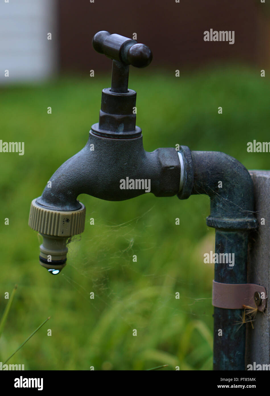 Vue rapprochée de dirty old Appuyez sur fuite d'une goutte d'eau Banque D'Images