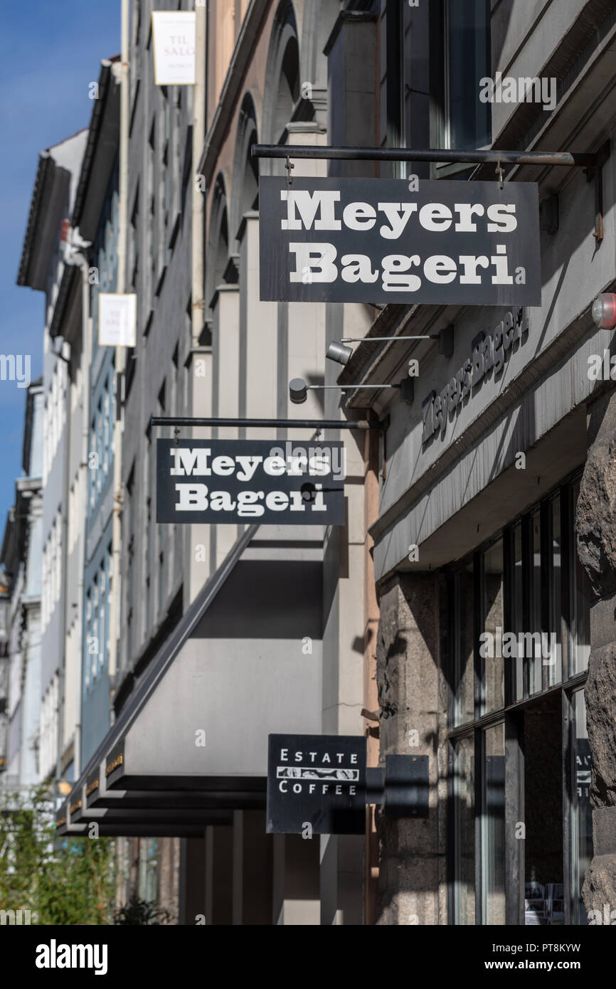 Meyers Bageri (Meyer's Bakery), signe extérieur de Claus Meyer bakery shop in Store Kongensgade, Copenhague, Danemark Banque D'Images